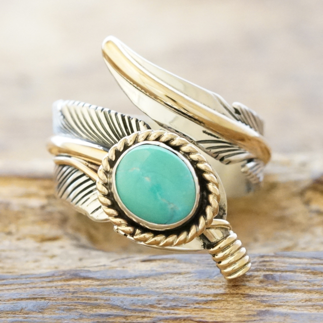 Harvey Mace(ハービーメイス) ローンマウンテン イーグル フェザー 12KGF リング フリータイプ インディアンジュエリー ナバホ族 ターコイズ シルバー925 ハンドメイド ジュエリー ネイティブ アメリカン ジュエリー HM-113【一点もの】【ギフト包装対応】【送料無料】