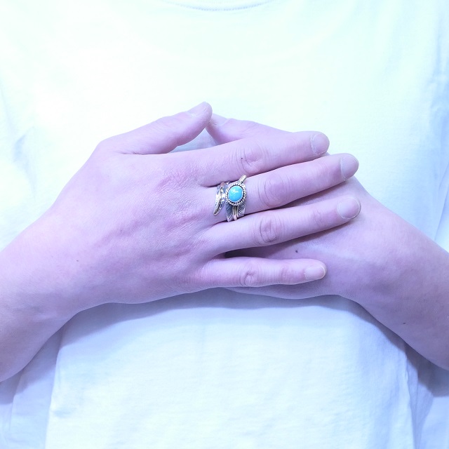 Harvey Mace(ハービーメイス) ローンマウンテン イーグル フェザー 12KGF リング フリータイプ インディアンジュエリー ナバホ族 ターコイズ シルバー925 ハンドメイド ジュエリー ネイティブ アメリカン ジュエリー HM-113【一点もの】【ギフト包装対応】【送料無料】